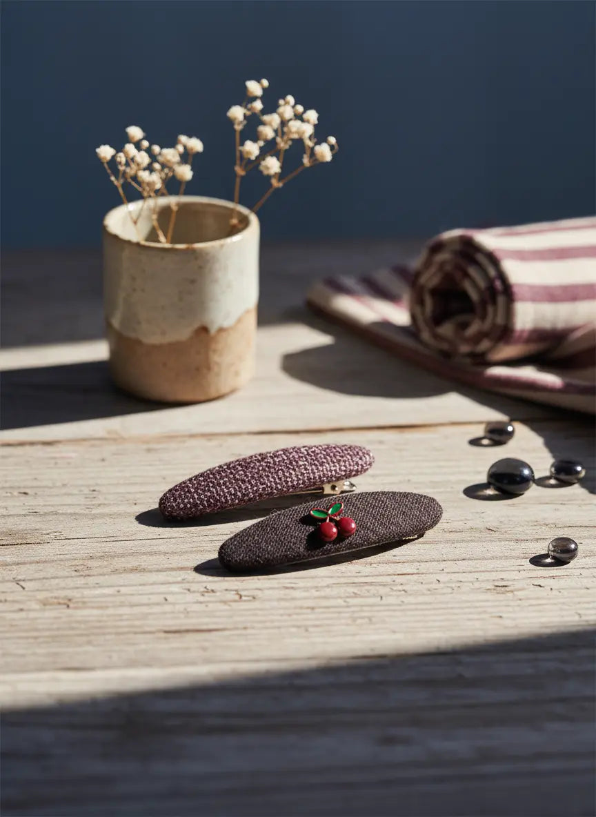 Girls cherry tweed hair clips | Maroon Tweed & Cherry Embellished Barrettes by 1st-now.com