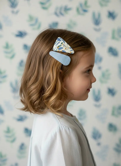 Blue Meadow Hair Clip Set – two fabric hair clips in blue and floral design, handmade accessories for girls by 1st-now.com