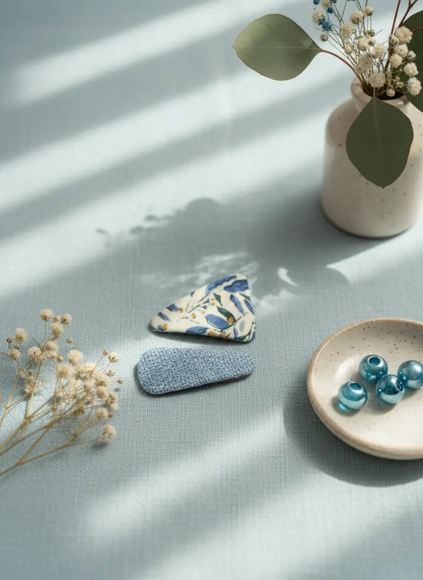 Blue Meadow Hair Clip Set – two fabric hair clips in blue and floral design, handmade accessories for girls by 1st-now.com