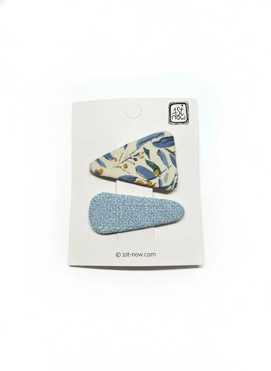 Blue Meadow Hair Clip Set – two fabric hair clips in blue and floral design, handmade accessories for girls by 1st-now.com