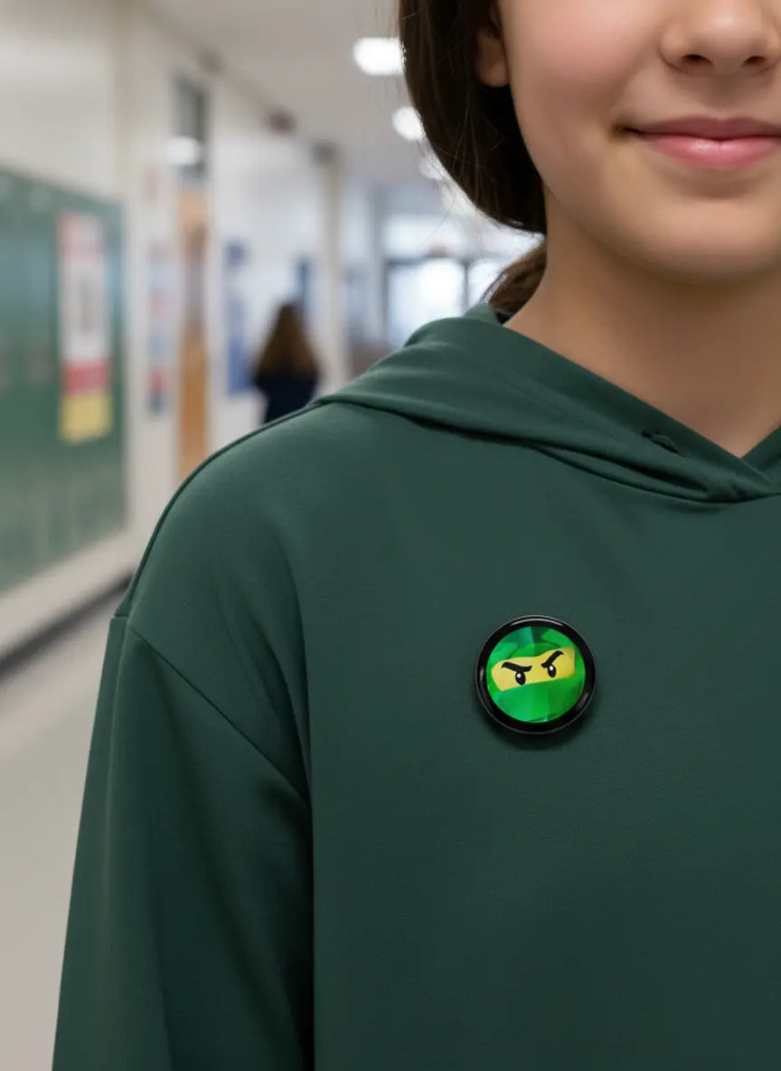 Person wearing customizable LED name tag badge at a trade show