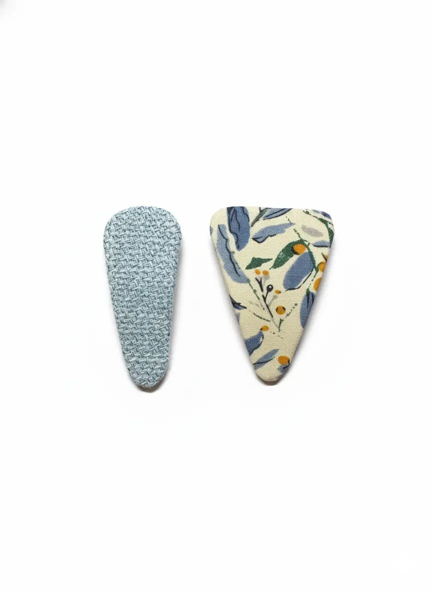 Blue Meadow Hair Clip Set – two fabric hair clips in blue and floral design, handmade accessories for girls by 1st-now.com