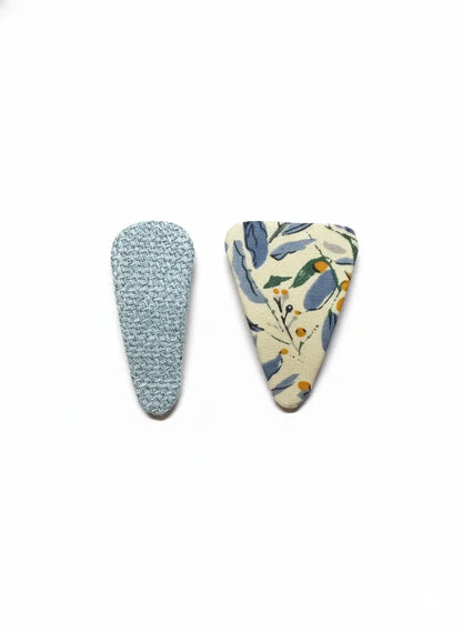 Blue Meadow Hair Clip Set – two fabric hair clips in blue and floral design, handmade accessories for girls by 1st-now.com