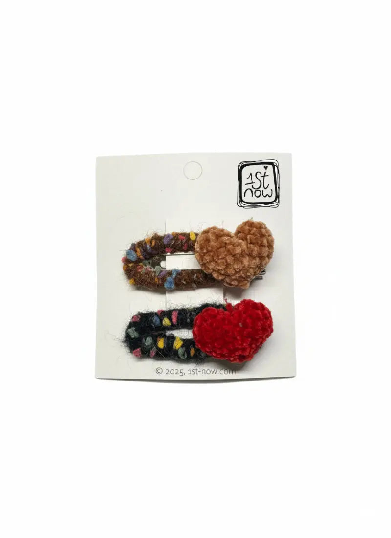 Girls Chenille Heart Hair Clips Set | Brown & Red Pom Pom Barrettes by 1st-now.com