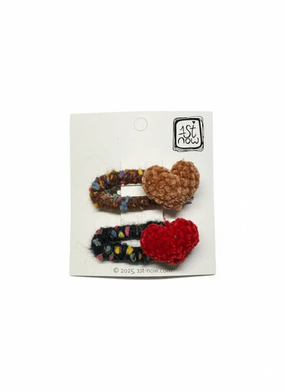 Girls Chenille Heart Hair Clips Set | Brown & Red Pom Pom Barrettes by 1st-now.com