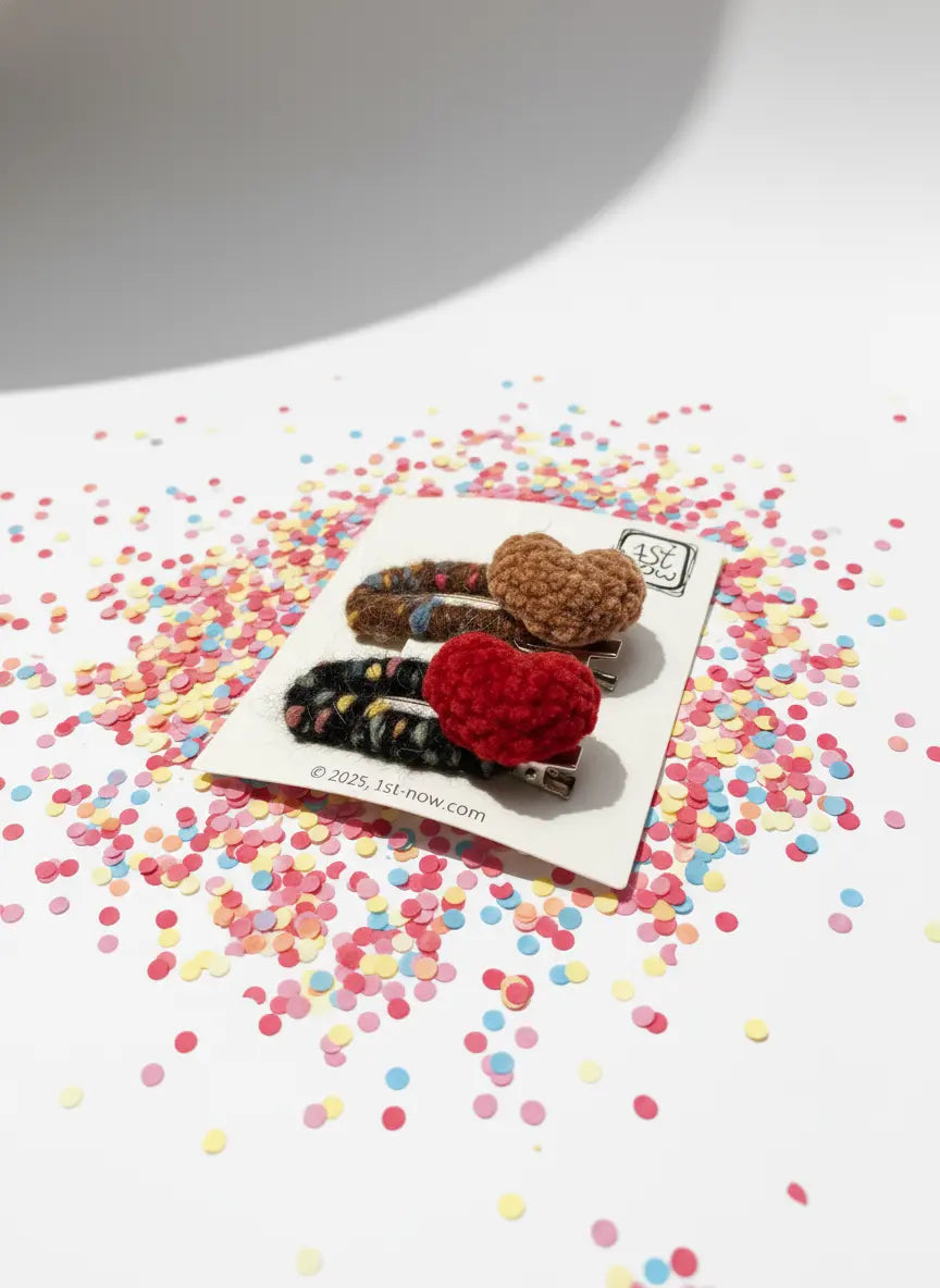 Girls Chenille Heart Hair Clips Set | Brown & Red Pom Pom Barrettes by 1st-now.com