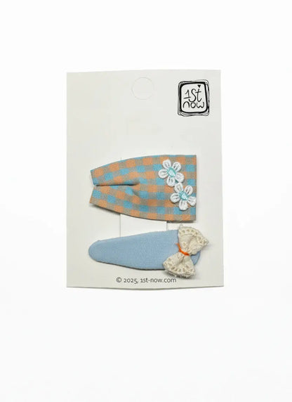 Girls Floral Hair Clips Set | Orange Blue Checkered Flowers & Lace Bow by 1st-now.com