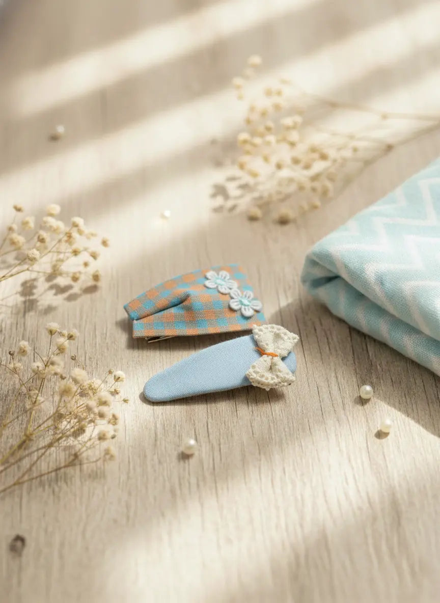 Girls Floral Hair Clips Set | Orange Blue Checkered Flowers & Lace Bow by 1st-now.com