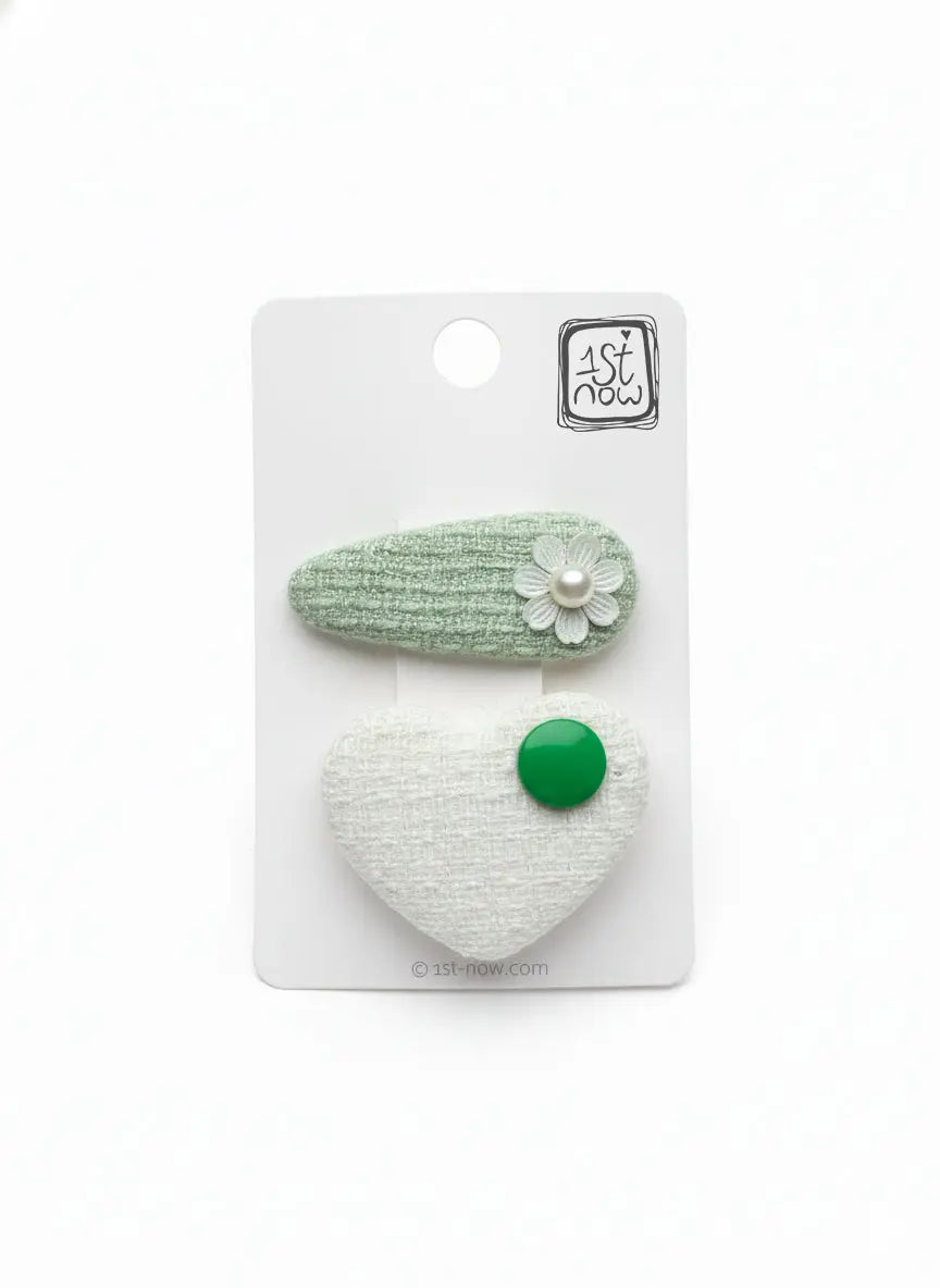 Girls Floral Heart Hair Clips Set | Mint Green Daisy & White Heart by 1st-now.com