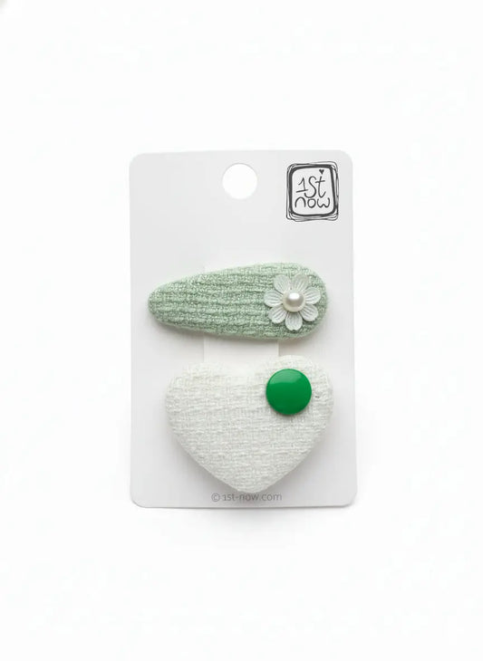 Girls Floral Heart Hair Clips Set | Mint Green Daisy & White Heart by 1st-now.com