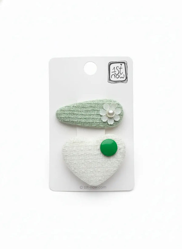 Girls Floral Heart Hair Clips Set | Mint Green Daisy & White Heart by 1st-now.com