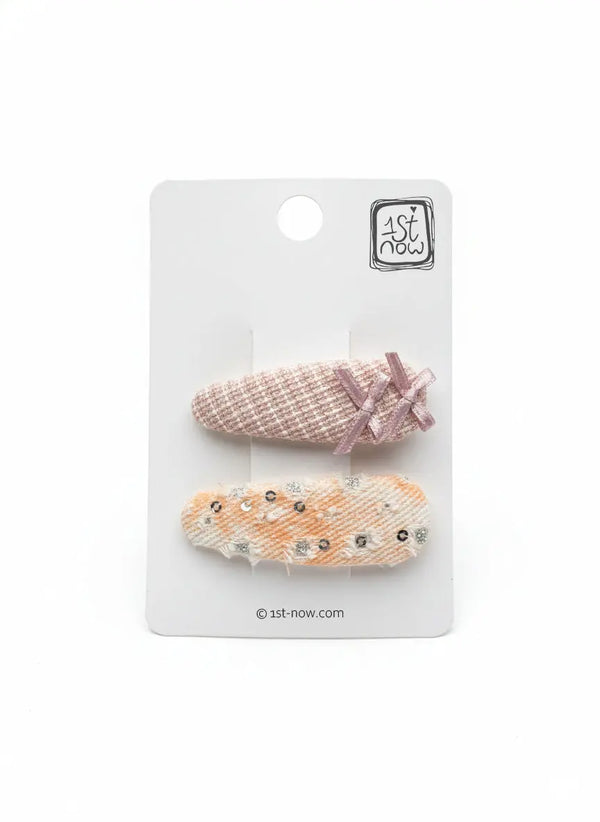 Girls Tweed Hair Clips Set | Beige Bow & Sparkly Sequin Barrettes by 1st-now.com