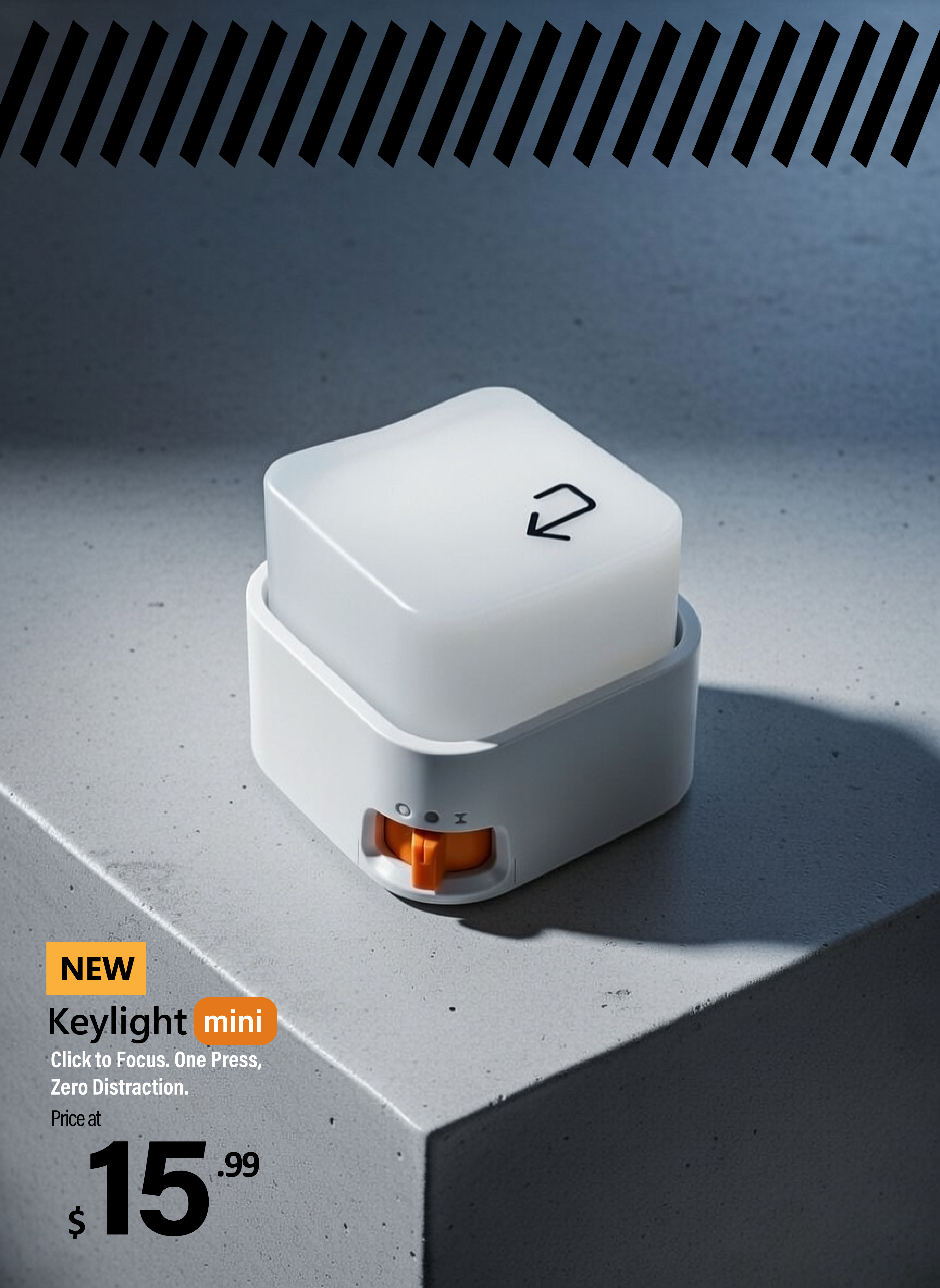 Keylight Mini focus desk gadget product card showing orange switch and compact lamp design