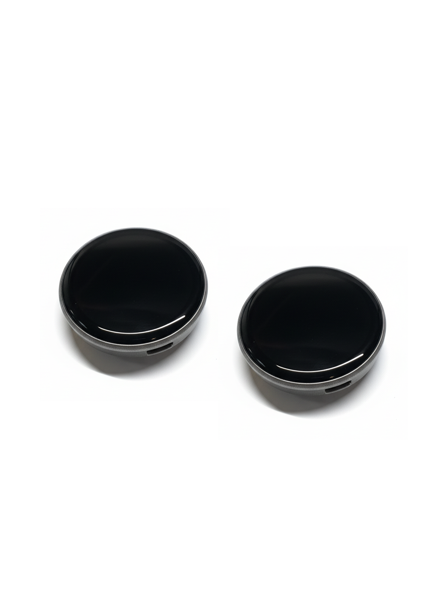 Two black smart LED badges with round digital displays for custom GIFs and text