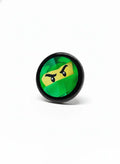 Smart LED badge showing green ninja pixel art on a round digital display