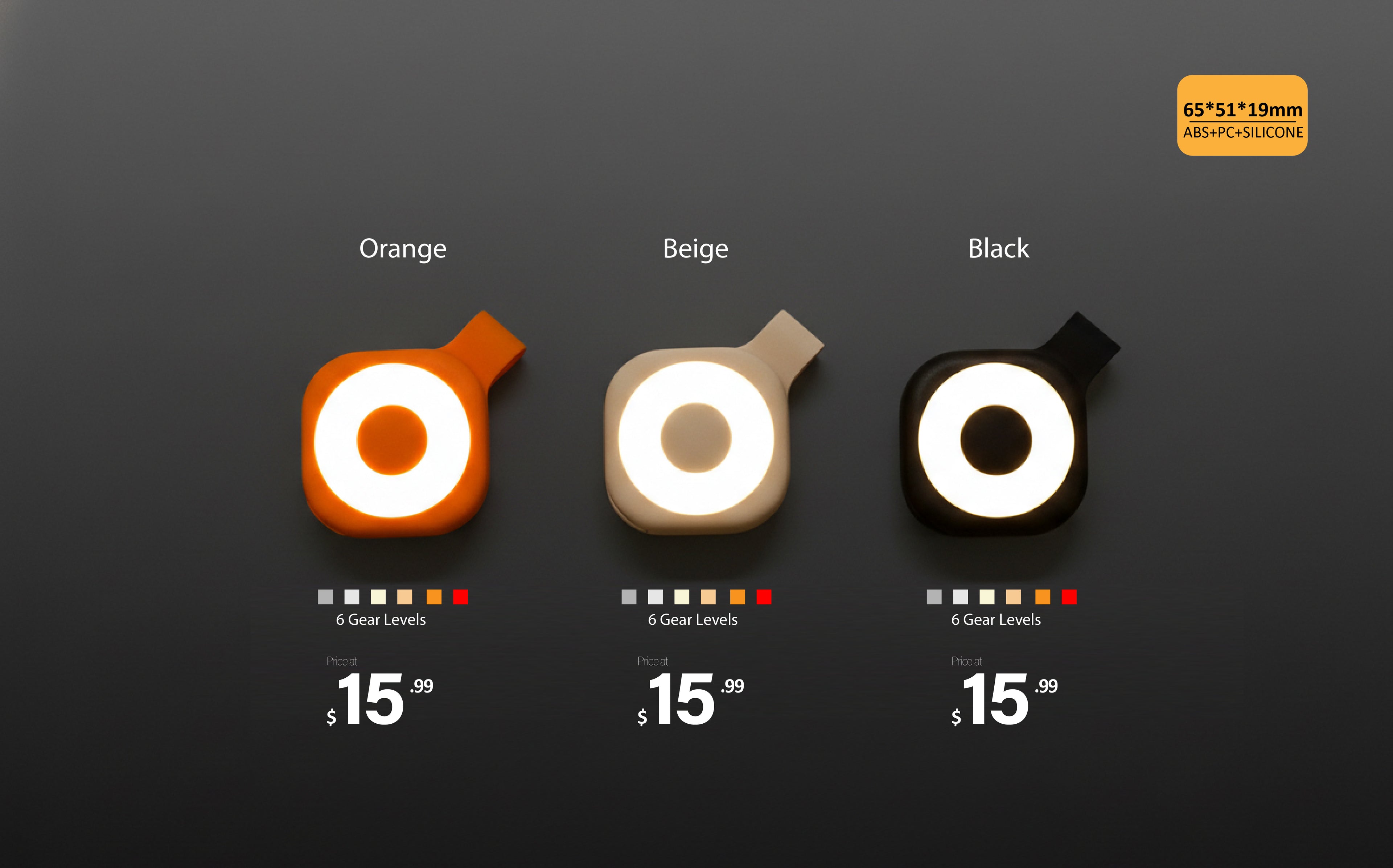 Wearable magnetic clip flashlight color options card showing orange beige and black models