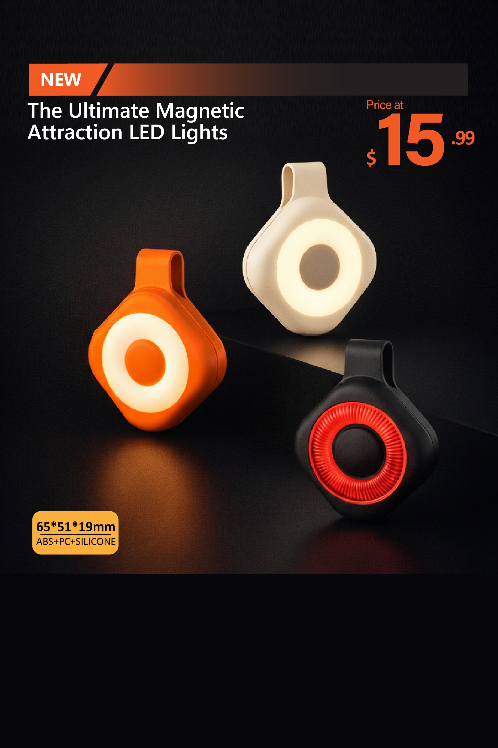 Wearable magnetic clip flashlight promotional image showing three colors and LED light effect